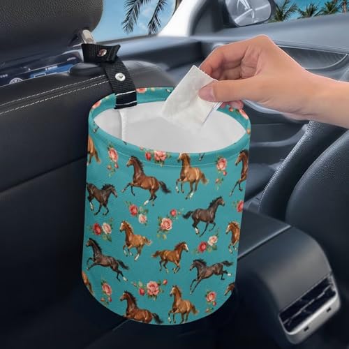 Image of Horse Floral Hanging Portable Car Trash Can Waste Basket Car Accessories Interior Collapsible for Men and Women Easy to Install