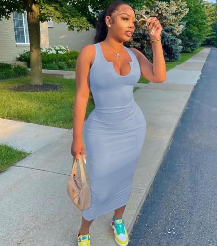 Image of Nimsruc Women Casual Sexy Deep U Neck Tank Top Bodycon Dress Summer Sleeveless Wrap Long Basic Party Club Maxi Dresses