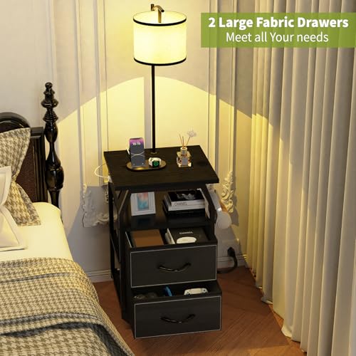 Image of runjuly Floor Lamp with Table, End Table with Charging Station&Light, Black