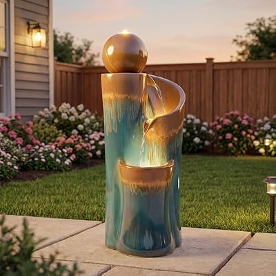 Ultym 32" Ceramic Outdoor Water Fountain w/LED, Teal & Copper Water Feature