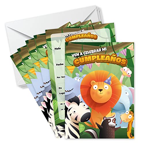SoKawaï - 6 invitaciones de cumpleaños en español + 6 sobres | Tema Animales de la selva | Fiesta infantil Cover
