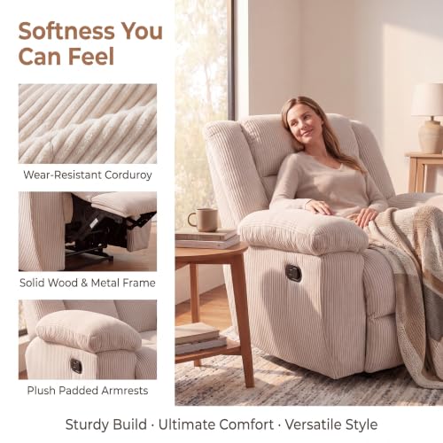 Image of Oversized Corduroy Manual Lounge Recliner Chair Bed, White