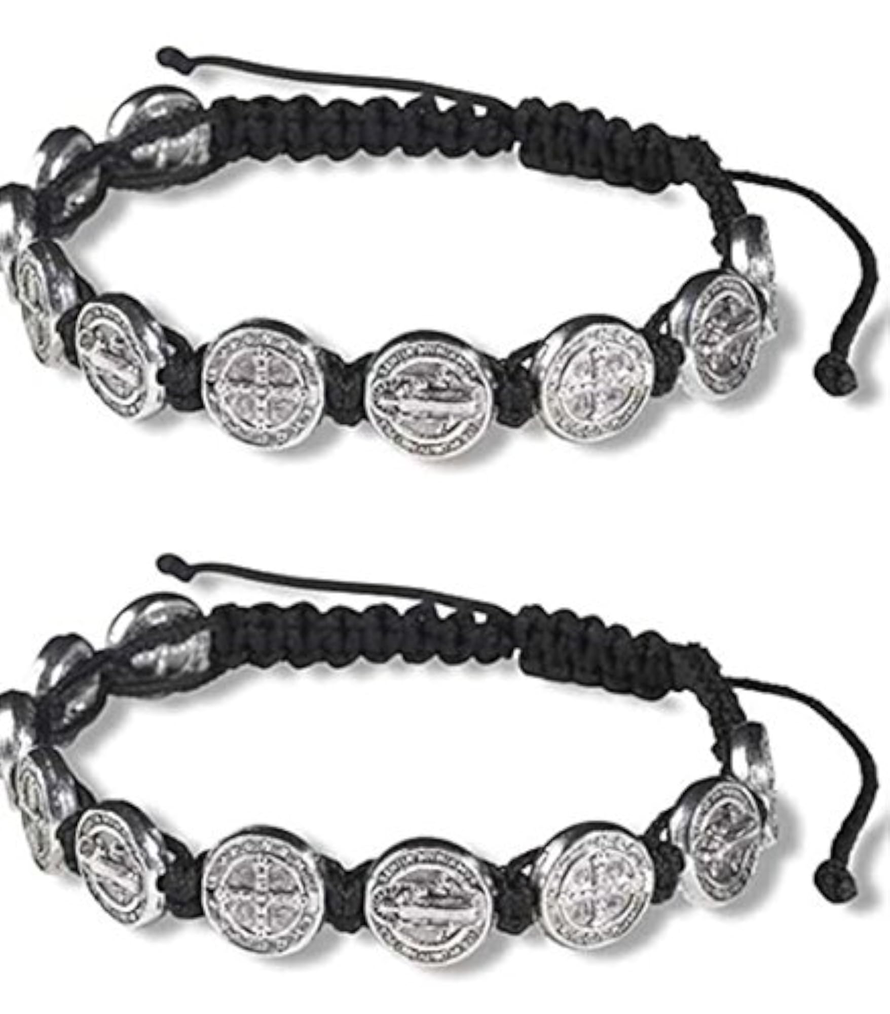Silver Tone Saint Benedict Medal on Adjustable Black Cord Wrist Bracelet, 8 Inch