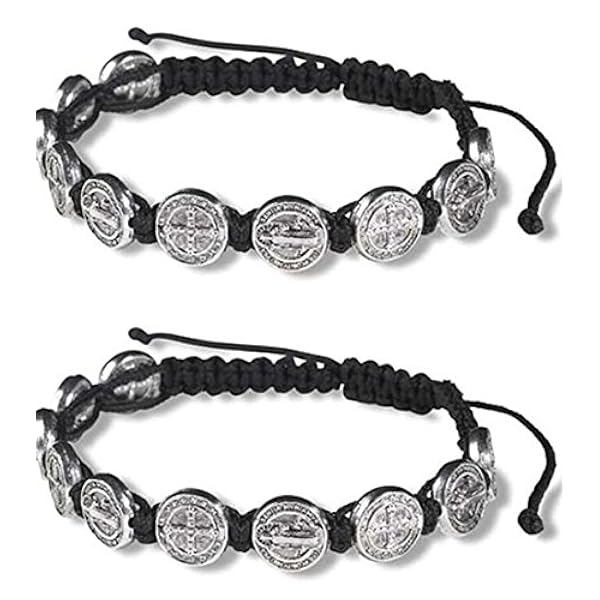 CB Silverton Sankt Benedict medalj på justerbar svart sladd handledsarmband, 20 cm