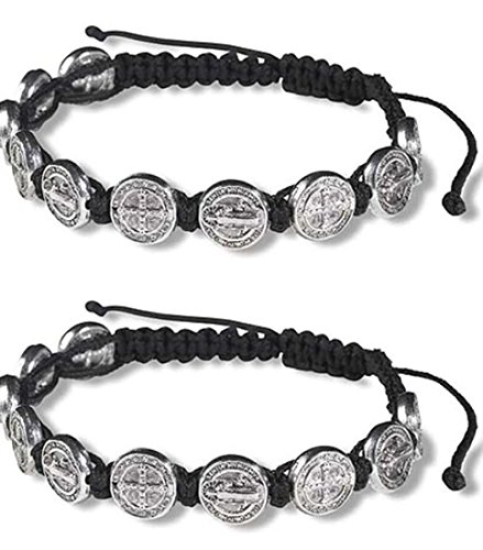 CB Silver Tone Saint Benedict Medal on Adjustable Black Cord Wrist Bracelet, 8 Inch