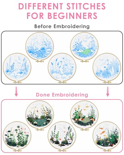 Image of TINDTOP 5 Pack Embroidery Kit for Adult, Embroidery DIY Starter Kit | with Fish World Stamped Patterns, Hoop, Tools, Colorful Threads with Needles, Instructions