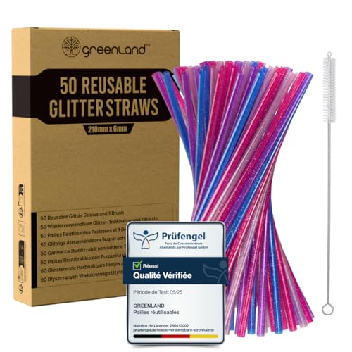 Greenland Lot de 50 pailles réutilisables à paillettes avec brosse – 21 cm de long, 6 mm de large – Parfait pour les cocktails, le lait, le jus, le thé