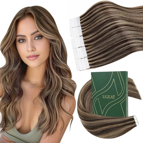Ugeat Hair Extensions Human Hair Tape in 12 Inch Glue in Human Hair Extensions 50 Grams Tape in Remy Hair Highlight #4/27 Dark Brown w/ Caramel Blonde Tape Hair Extensions 20 Pieces