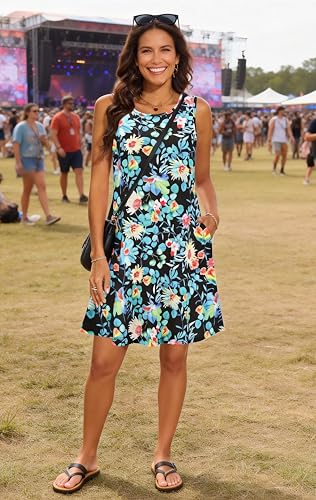 Image of Summer Dresses for Women 2026 Casual Sundresses Beach Cover Ups Sleeveless Tshirt Swing Dress with Pockets