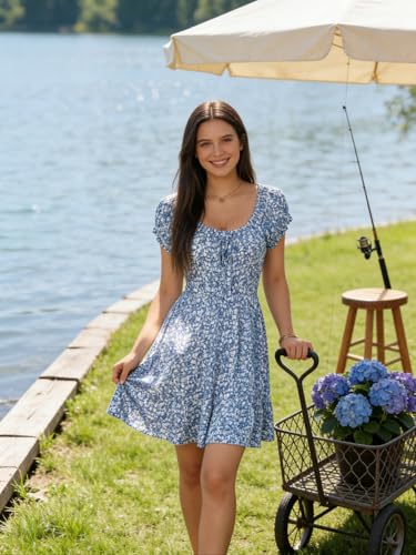 Image of HUHOT Teen Petite Women Floral Short Summer Mini Dresses with Pockets Cute Milkmaid Sundress 2026