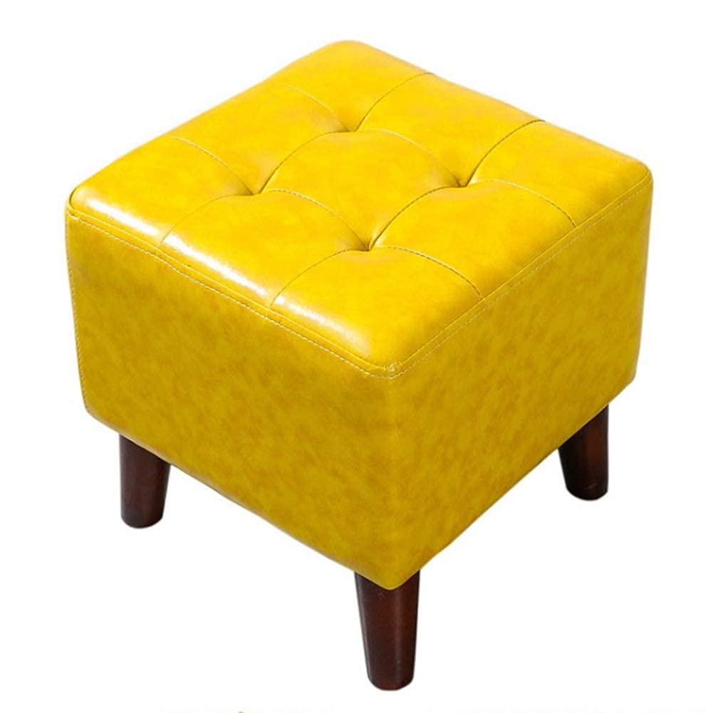 Pouf en bois massif noble et repose-pieds en cuir PU jaune aux finitions soignées