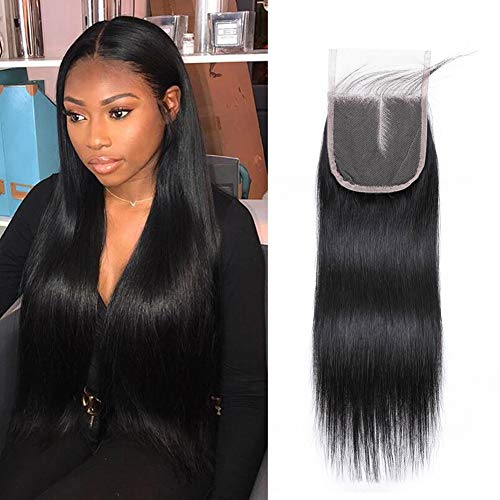 4X4 Middle Part Lace Closure Straight 130% Density Unprocessed Brazilian Virgin Remy Human Hair Lace Straight Closure(16 Inch)