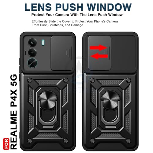 Image of AIBEX Back Cover Compatible for OnePlus Nord CE 6 Lite 5G / Realme P4X 5G | D10 Tough Armor Case | Sliding Camera Shield | 360 Protection | Kickstand Ring Holder | Military-Grade Bumper Case - Black
