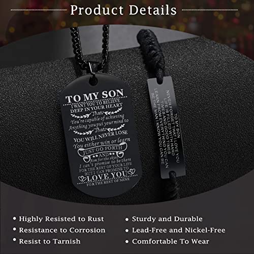 Pack of 2 to My Son Necklace from Mom and Dad with Personalized Braided Bracelet Dog Tags Pendant Inspirational Son Bracelets Black Stainless Steel Birthday Graduation Christmas Valentine’s Day Gifts - Image 4