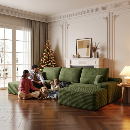 Image of Boneless Couch, Modular Sectional Couches for Living Room, U-Shaped Cloud Couch Sofa with Deep Seat, Fluffy Corduroy Upholstered Corner Sofa