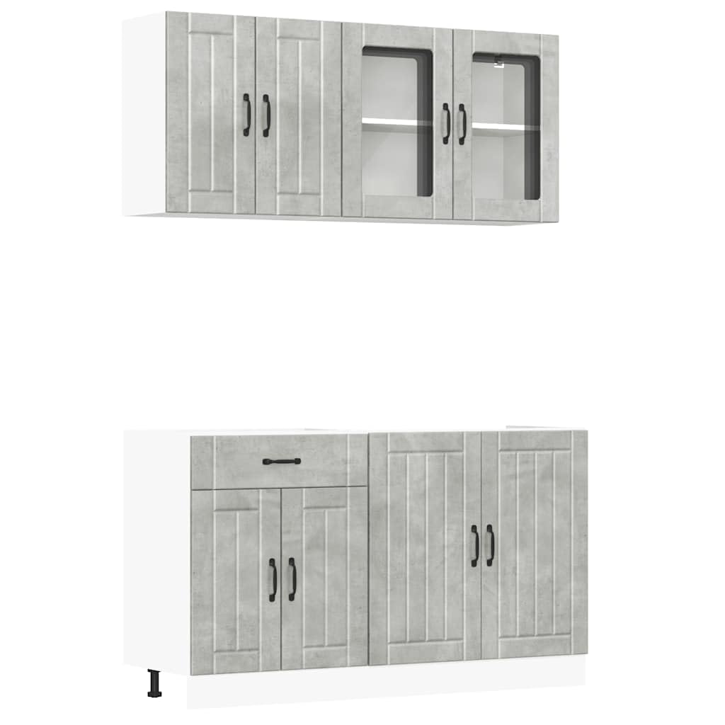 4-TLG. Küchenzeile Lucca Betongrau - Modernes Küchenschrank-Set aus Holzwerkstoff mit Glasvitrine, Spülenunterschrank und Hängeschränken für optimale Stauraumnutzung in der Küche