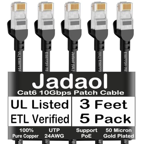 Jadaol [UL Listed] Cat 6 Ethernet Cable 3ft 5Pack 10Gbps 24AWG PoE++, Black
