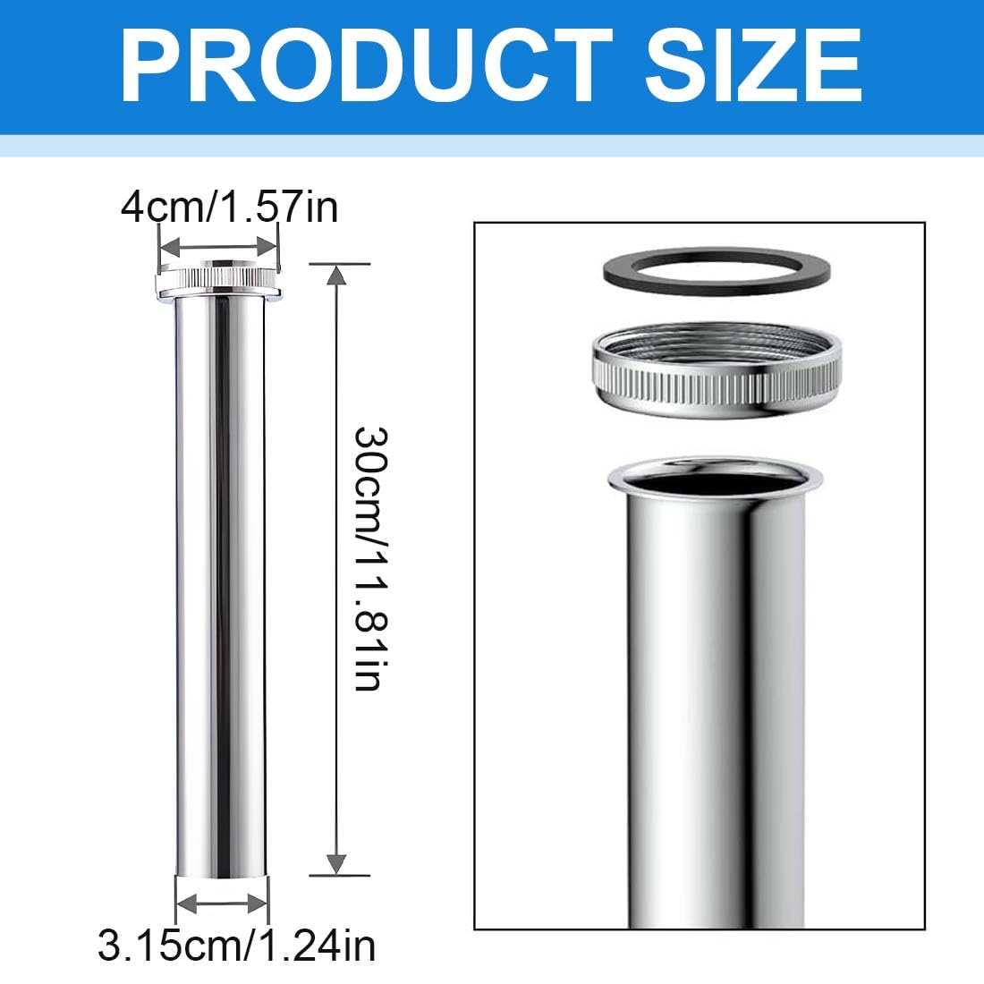 GXGM Tubo Di Prolunga Per Scarico Lungo 300 Mm,Sifone Lavabo Bagno, Scarico Lavandino Bagno, Tubo Di Prolunga Per Scarico Cromato Per Scarico Del Lavabo (Dado, Rondella Di Tenuta In Gomma)