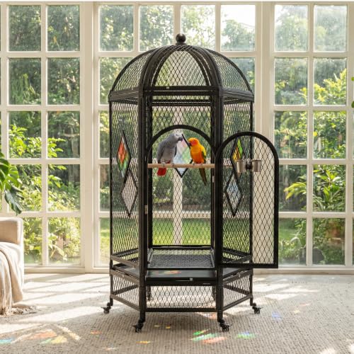 Belnest 69' Dome Top Bird Cage for Large Parrots, Heavy Duty Iron Aviary on Wheels with Rolling Stand & Slide-Out Tray for African Greys, Cockatoos, Macaws, Indoor Outdoor Use, Black