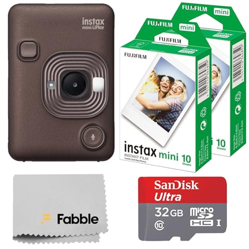 Fujifilm INSTAX Mini LiPlay Hybrid Instant Camera Bundle with 20 Sheets INSTAX Mini Film, 32GB microSD Card, USB Charging Cable, Hand Strap, Cleaning Cloth (Deep Bronze)