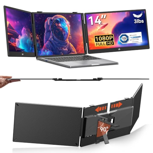 Triple Laptop Screen Extender, 14' FHD 1080P IPS Laptop Monitor Extender, Portable Monitor for Laptops 13-17', Travel Extended Dual Screen with USB-C Plug & Play for Windows/Mac/Android/Switch