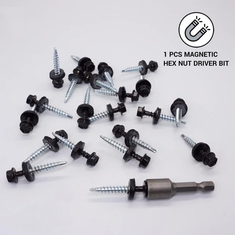 (Pack of 250 pcs) Metal Roofing Screws, 3/16 x 1-3/8 (4.8 x 35 mm) Painted Self-Drilling Screws with EPDM Washers, Sheet Metal Hex Screw, Jet Black RAL 9005