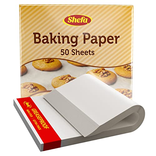 SHEFA 50 Pcs Premium Quality Square Baking Paper Sheets Grease Proof Parchment Paper Bake Cake precut Ready Cut for Oven Tray Value Pack