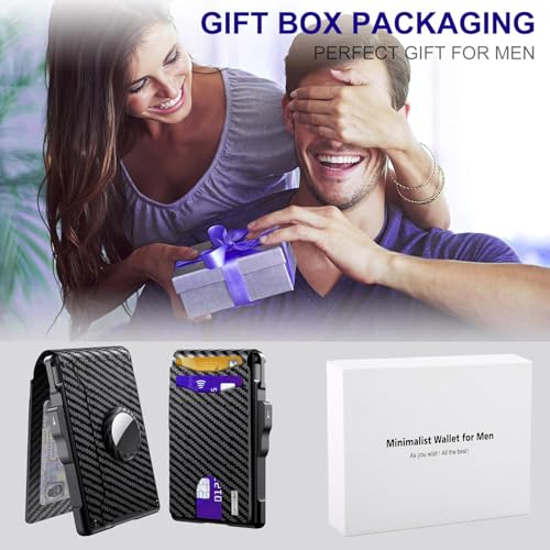 Image of Mens Pop Up Wallet for AirTag: Premium Genuine Leather, RFID Blocking, Smart, Minimalist, 9-14 Card Capacity, ID Window, Cash Slot (Carbon Fiber Black 2)