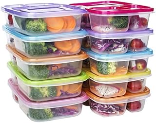 Meal Prep Containers 3 Compartment Food Storage Reusable Plastic Bento Microwavable Lunch Boxes with Lids BPA-Free 10-Pack,Stackable Dishwasher & Freezer Safe,Portion Control,32oz