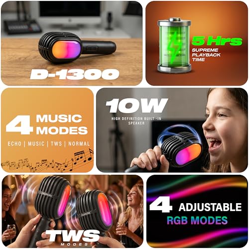 Image of DIGIMORE Wireless Bluetooth Karaoke Microphone with 10W Speaker | Portable Handheld Mic | RGB Lights | Bluetooth 5.3 | Recording Support | Type-C Charge | Ideal for Singing, Parties & Kids (D-1300)