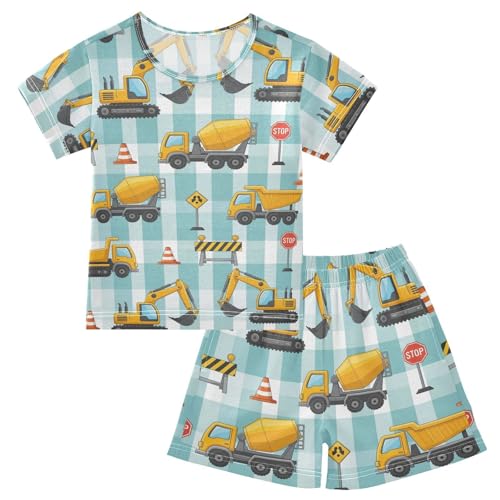 Pajama Short Sets Construction Vehicles Pattern Design Soft Cotton Summer Sleepwear 2 Piece PJS Size 5-14T