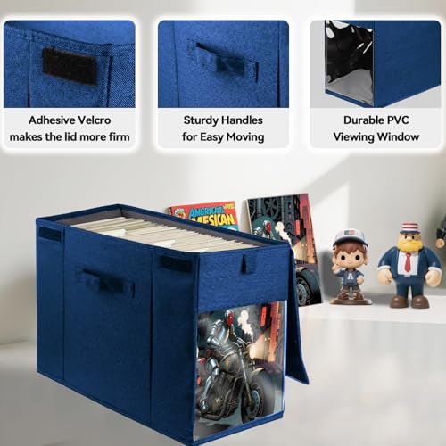 Image of 2 Pack Comic Book Storage Box with Lid for Modern Age, Collapsible Magazine Organizer with Clear Window, Blue