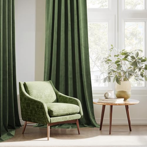 Image of StangH Moss Green Velvet Curtains 96 Inch Length, Victorian Style Drapes for High Ceiling Living Room, Soundproof Room Darkening Window Coverings, W52 x L96, 2 Panels
