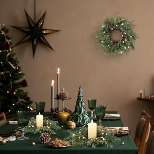 Image of 4 PCS Christmas Wreath Candle Rings Mini Wreath Pine Garland Artificial Frosted Cedar and Pine Cone Candle Rings Holder for Christmas Wedding Home Table Centerpiece Door Window Chair Wall