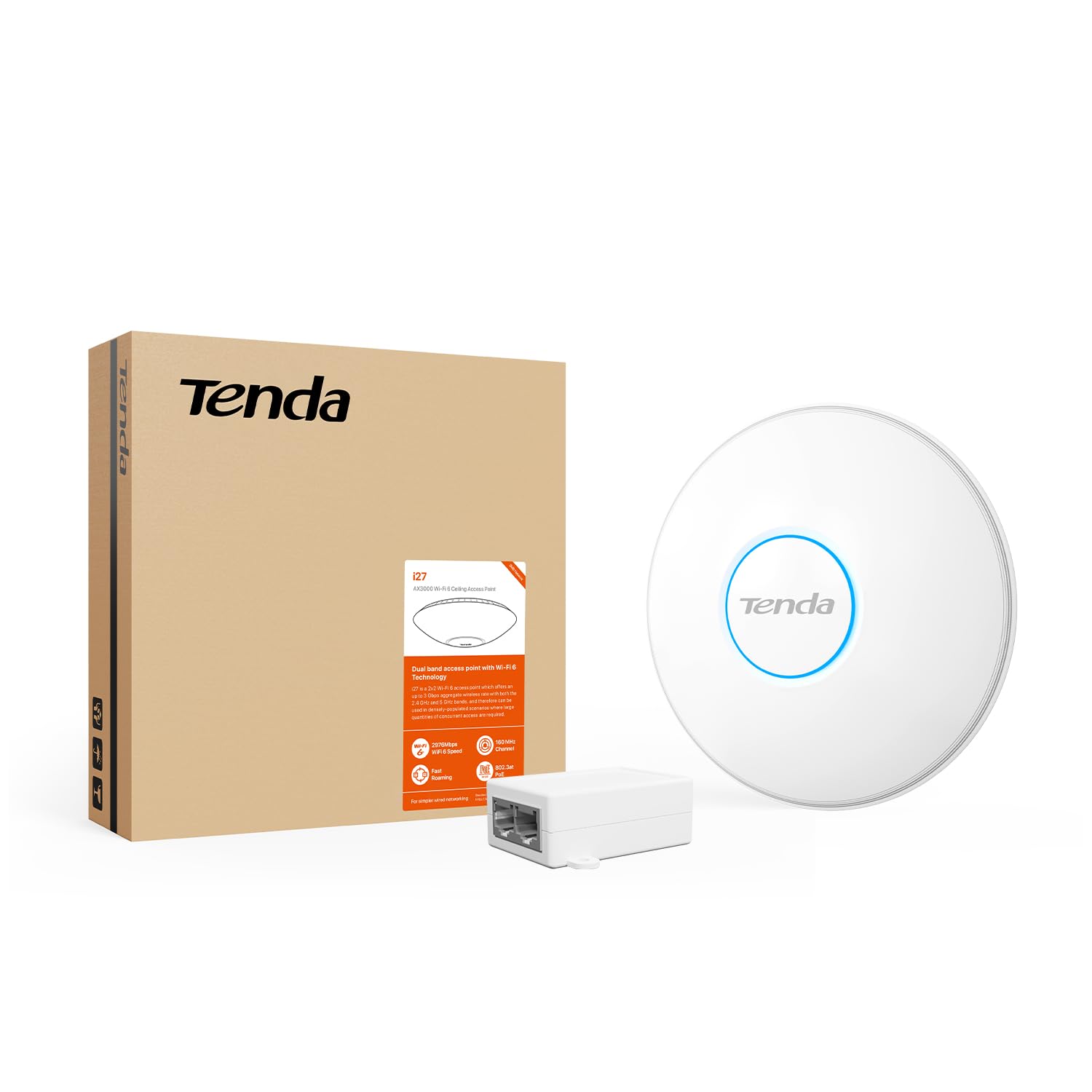 Tenda I27 WiFi 6 AX3000 Punto de Acceso de Doble Banda, Soporta PoE Estándar 802.3at, Montaje Techo, Roaming, MU-MIMO, OFDMA, Múltiples SSID, Gestionable a través de App o la Interfaz Web, Blanco