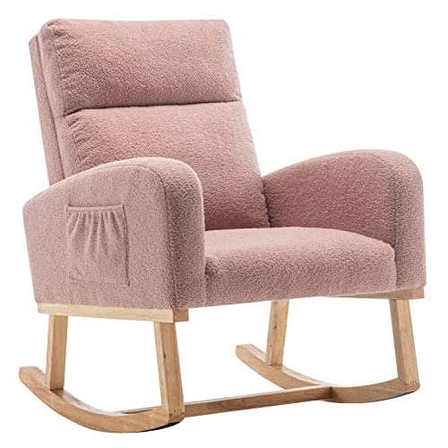 Rocking Chair Nursery, Nursing Rocker Armchair with High Backrest, Comfy Glider Rocking Chair for Nursery, Living Room,Bedroom (Teddy Pink)