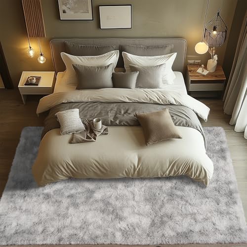 Zentavio Grey and White Area Rugs for Living Room Large Men Room Carpet 5x8 Bedroom Fluffy Furry Shag Aesthetic Plush High Pile Floor Rug for Kids Room Dorm Home Decor Tie-Dyed Grey White