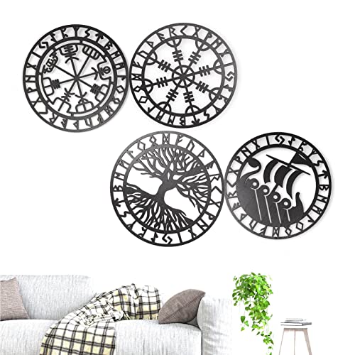 4 Stück Metall Wand Deko, Wikinger Wand Deko, Wikinger Wanddeko Holz, Wikinger Dekor, Nordische Mythologie Runensymbole Innendekoration, Für Moderne Schlafzimmer Wohnzimmer Kunst Ornament Cover