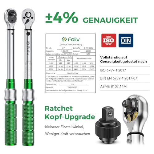 Foliv Drehmomentschlüssel Fahrrad Set, 1/4 Zoll Drehmomentschlüssel 5-25 Nm ±4% Fehlergenauigkeit...
