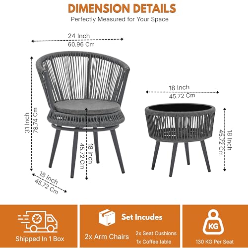 Image of DEVOKO Outdoor Rope 3 Piece Handwoven Crown Shape Rope Chair & Glass Top Side Table with Metal Frame for Garden, Pool, Deck, Backyard, Balcony (Grey)
