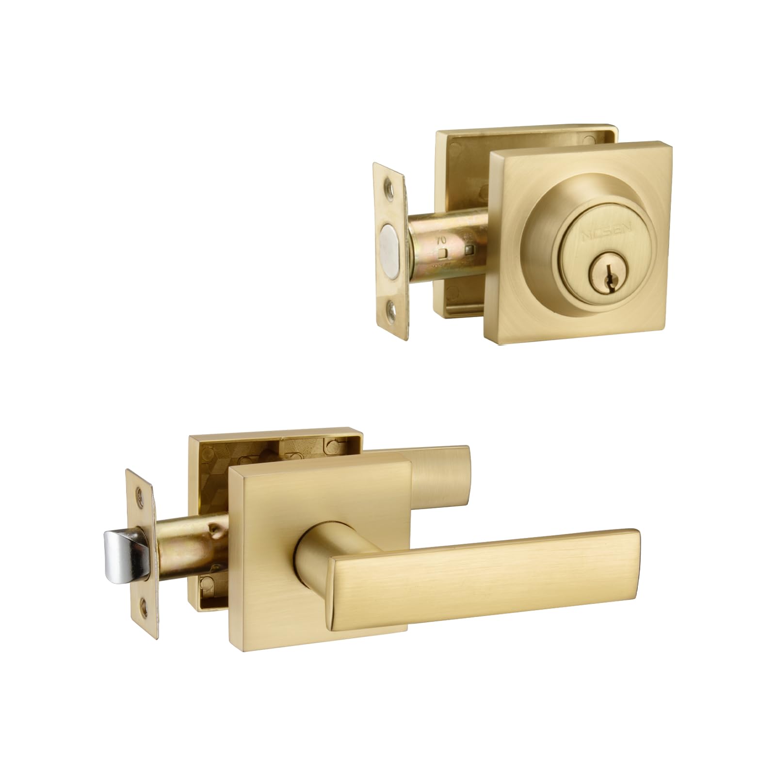DAIRAZAN Modern Front Door Handle - Satin Brass Entry Lever With Single Cylinder Deadbolt - Reversible For Left/Right Hand Doors