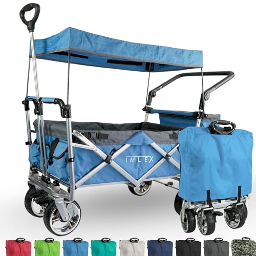 IMLEX Bollerwagen faltbar mit Dach IM-4268 Blau | Hohe Stabilität, 1X 3-Punkt Gurtsystem | Handwagen klappbar mit Schiebegriff ideal für 2 Kinder