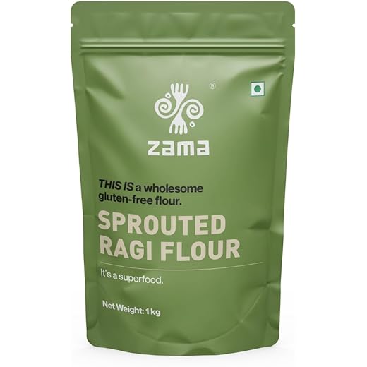 Zama Organics Sprouted Ragi Flour 1kg | 100% Natural Nachni Atta | Gluten Free Finger Millet Flour | No Additives or Preservatives | Low Glycemic Index