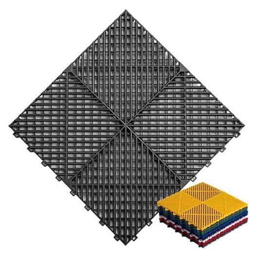 Piastrelle in pvc per garage 4 Piastrelle ad incastro in PVC per garage, tappetini autodrenanti per garage e autolavaggio, pavimenti modulari resistenti, 40 x 40 x 1,8 cm, nero, 10 pezzi ≈1,6 ㎡
