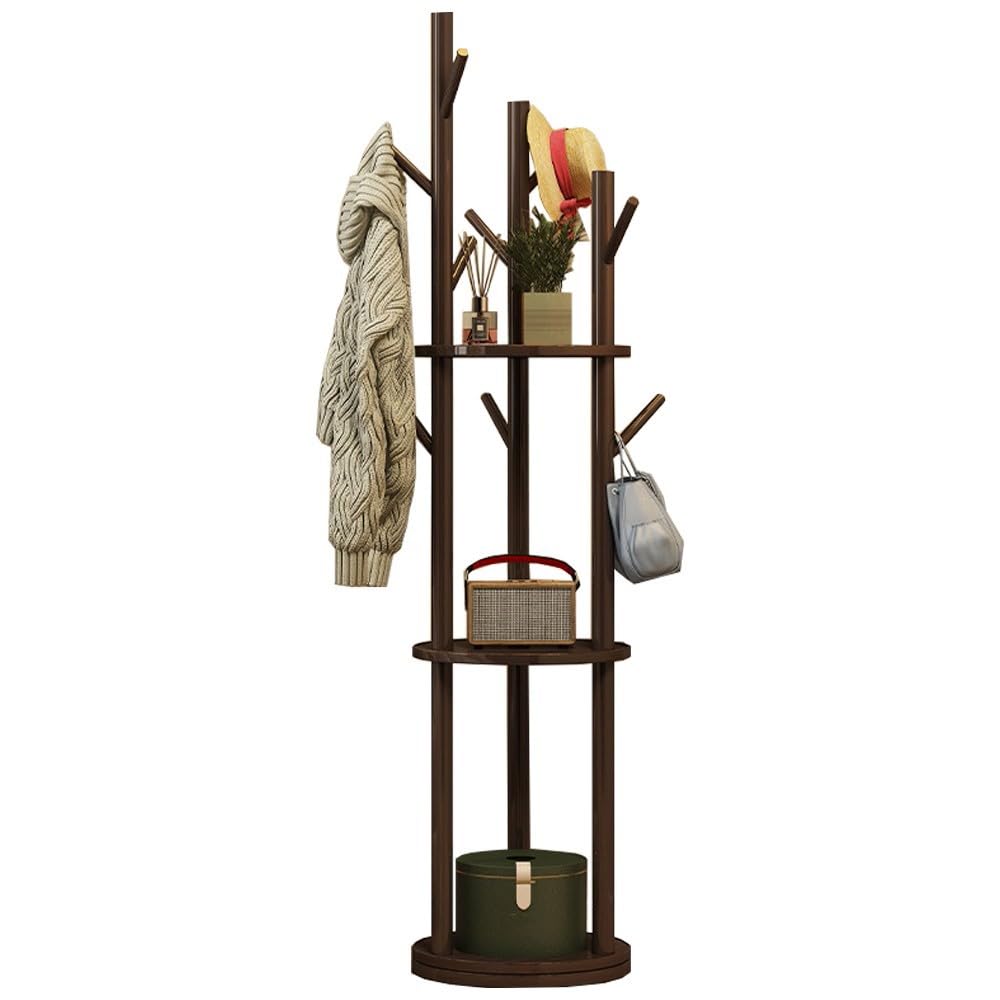 Porte-manteau en bois sur pied avec 3 étagères et rotatif style naturel