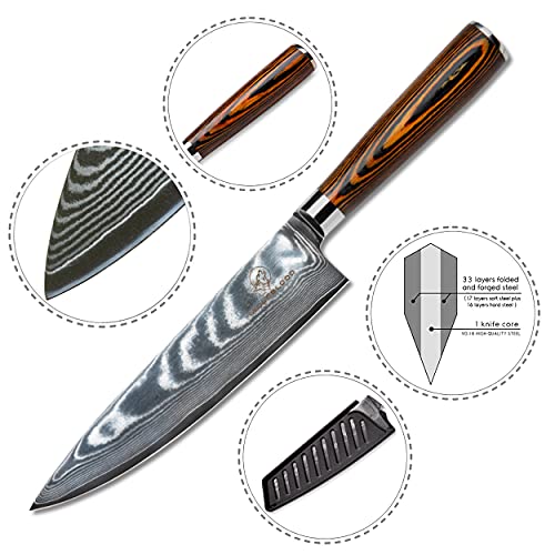 Foto von Wolfblood Damastmesser Küchenmesser XL(32cm) Profi-Kochmesser aus echtem 67 Lagen Damaststahl I Damast-Küchenmesser und Chefmesser mit Holzgriff Geschenkbox und Klingenschutz