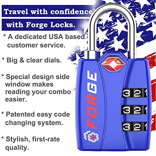 Forge Tsa Luggage Combination Lock - Open Alert Indicator, Easy Read Dials, Alloy Body- Ideal For Travel, Lockers, Bags (Blue 4Pk) #TOP2
