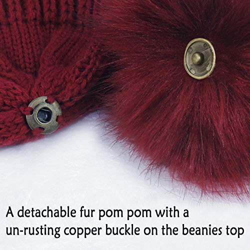 Double Couple Womens Scarf Beanie Hat With Faux Fur Ball Set Thick Winter Cable Knitted Circle Loop Infinity Scarfs For Women (Burgundy Pom Pom Set) #TOP3