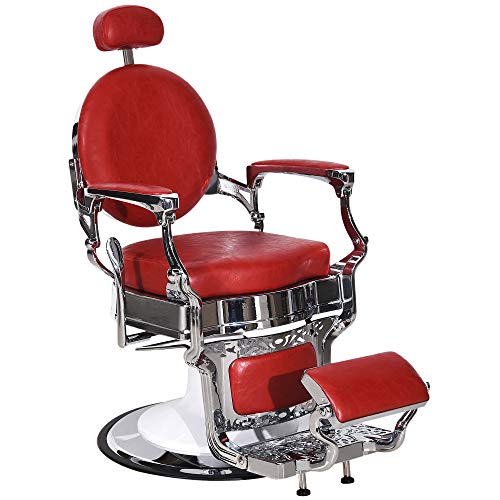BarberPub Vintage Barber Chair All Purpose Heavy Duty Metal Hydraulic Recline Salon Beauty Spa Chair Equipment 3860 (Red)