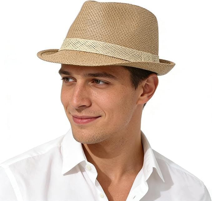 Men Fedora Beach Sun Hat Women Panama Short Brim Sun Protection Straw Beach Hat Classic Foldable Packable Jazz Beach Sun Hat